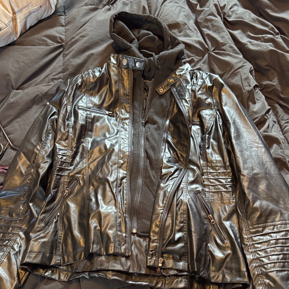 Black Faux Leather Jacket with Hoodie